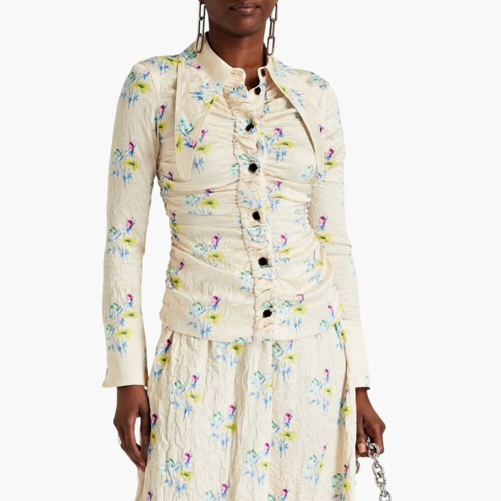 GANNI Floral-print ruched crinkled-satin shirt